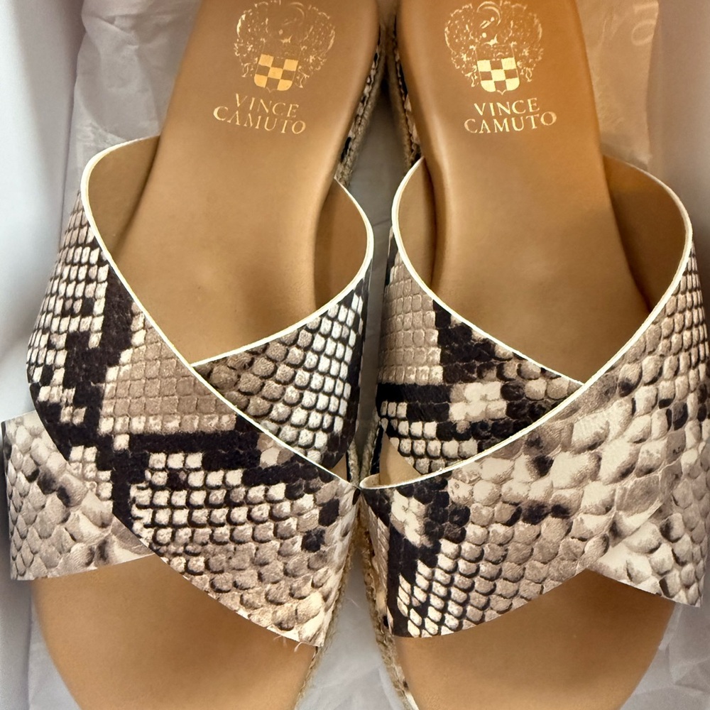Vince Camuto Black and Cream Snake Print Sandals